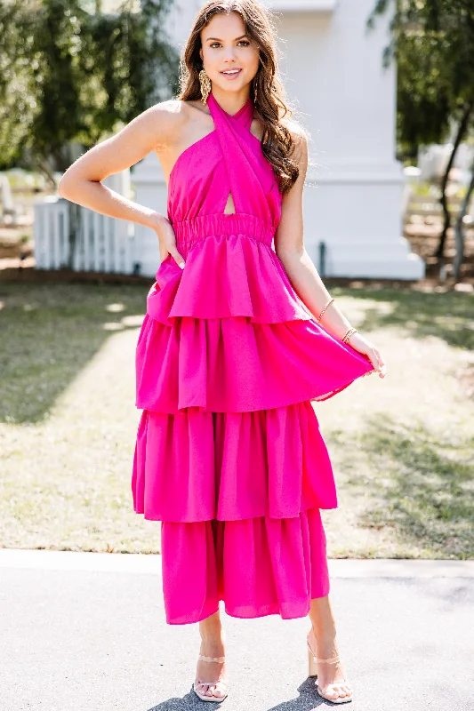 Don’t Miss Out Meant To Be Fuchsia Pink Ruffled Maxi Dress