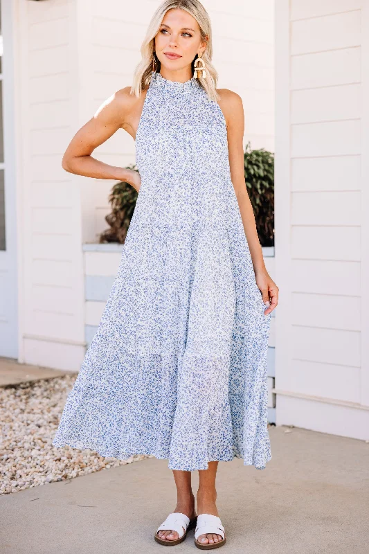 Steals and Deals Before You Know It Blue Ditsy Floral Midi Dress