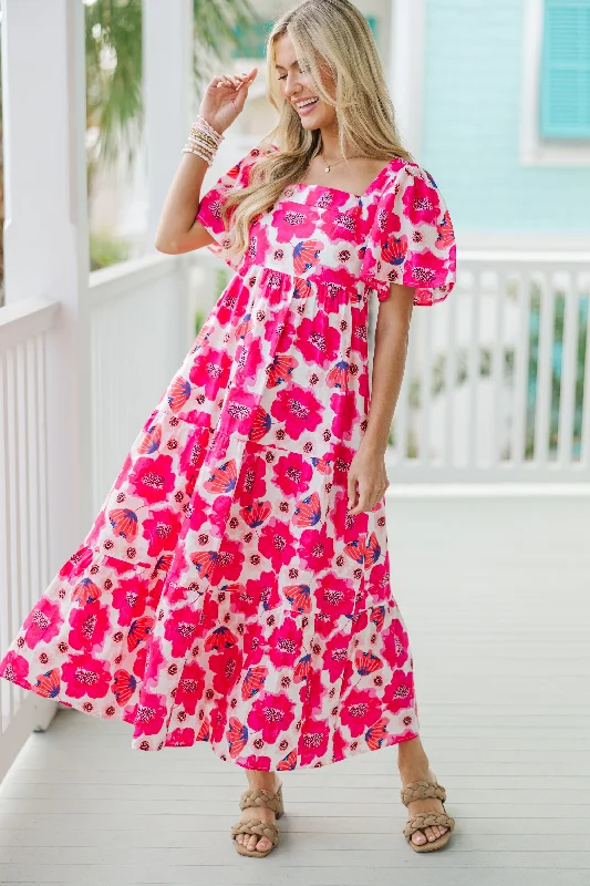 Stock Clearance Answer The Call Hot Pink Floral Midi Dress