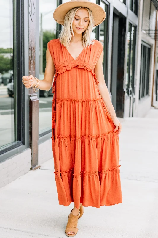 Limited Stock Feeling Hopeful Rust Orange Ruffled Maxi Dress