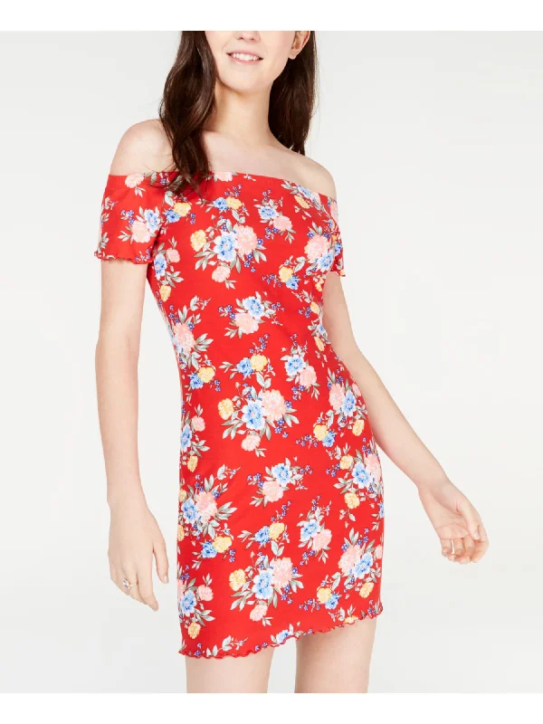 Today’s Deal ULTRA FLIRT Womens Red Floral Short Sleeve Off Shoulder Mini Body Con Dress