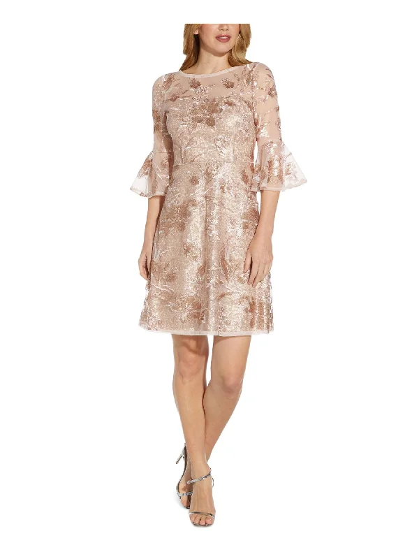 New Deals ADRIANNA PAPELL Womens Gold Sequined Sheer Lined Zippered Floral Bell Sleeve Boat Neck Above The Knee Evening Shift Dress