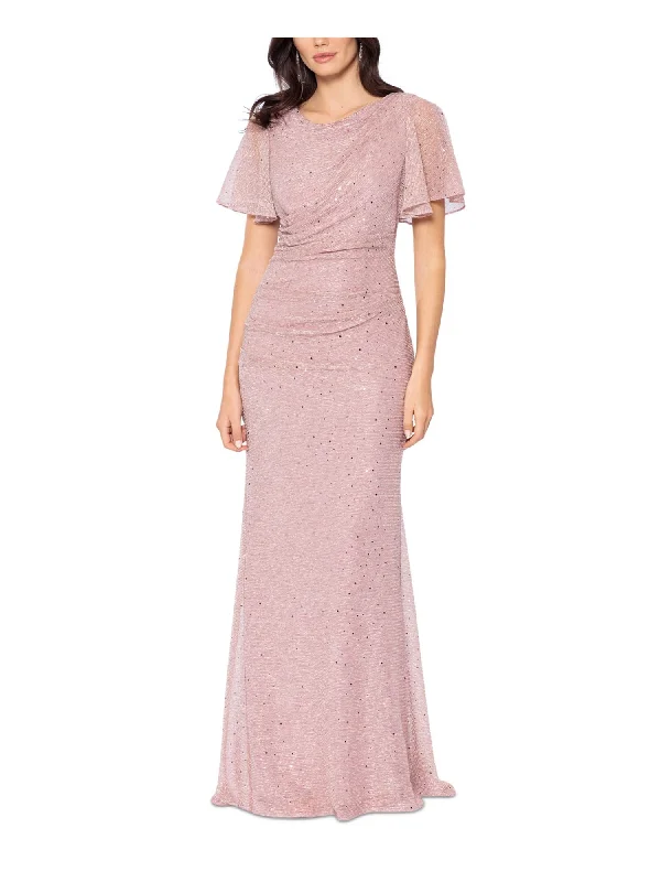 Stock Up and Save BETSY & ADAM Womens Pink Sequined Zippered Pleated Lined Flutter Sleeve Cowl Neck Full-Length Formal Gown Dress
