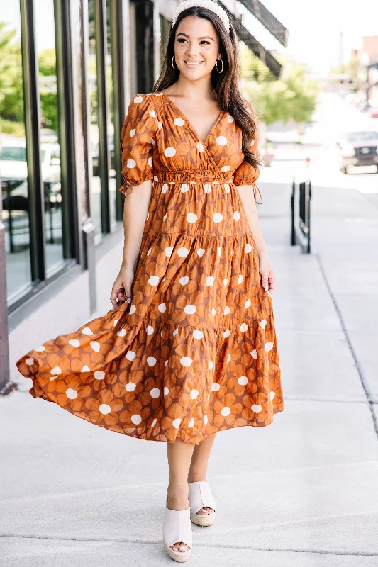 Hurry In In This Moment Brown Floral Midi Dress