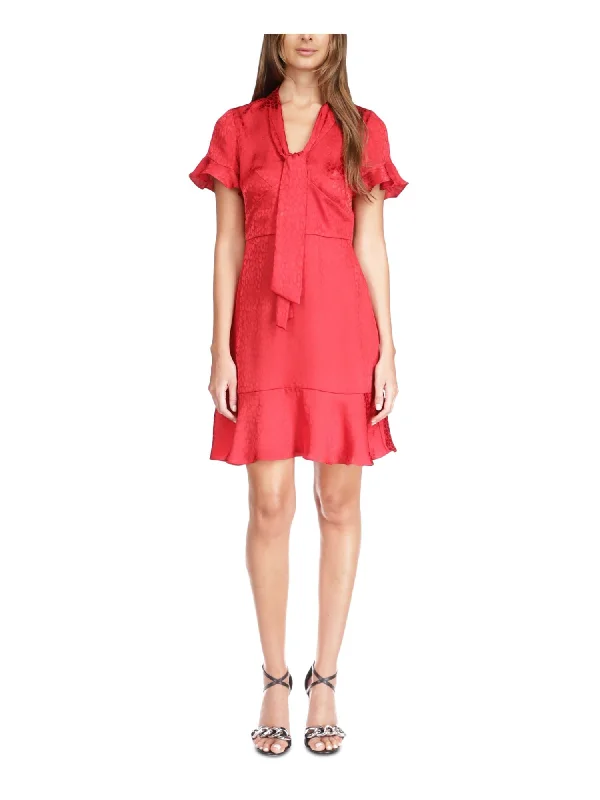 Major Savings MICHAEL MICHAEL KORS Womens Red Ruffled Pullover Tie Detail Short Sleeve V Neck Short Party Fit + Flare Dress