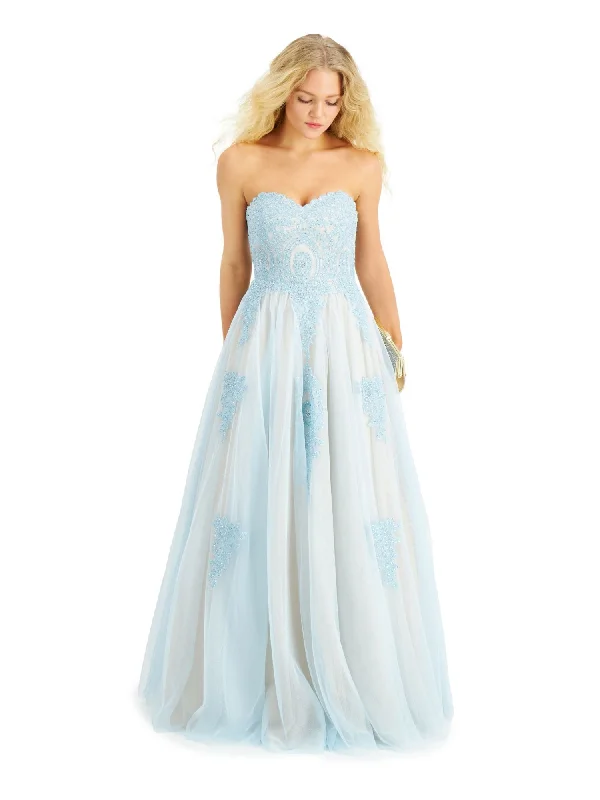Don’t Miss Out SAY YES TO THE PROM Womens Light Blue Embellished Sheer Patterned Spaghetti Strap Sweetheart Neckline Full-Length Formal Fit + Flare Dress