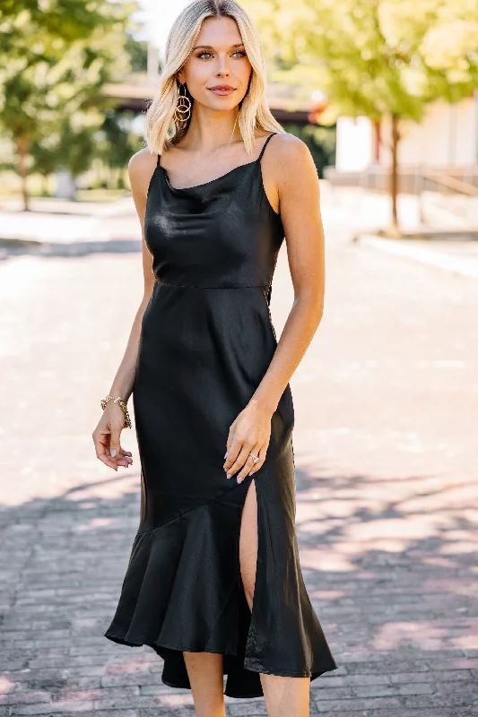 Stock Up and Save Feeling Fancy Black Satin Midi Dress