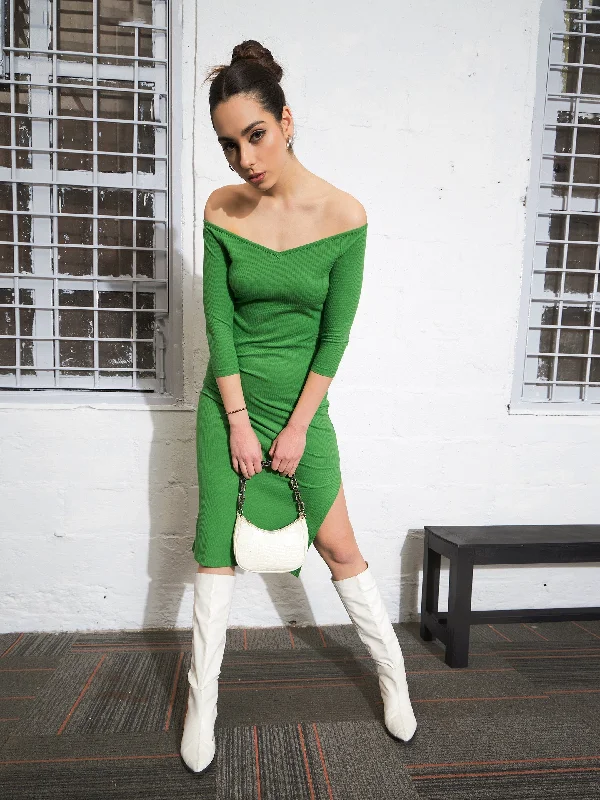 Best Seller Women Green Rib Off-Shoulder Bodycon Dress