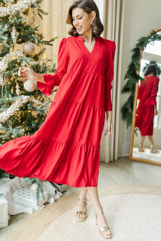 Year-End Sale What A Surprise Red Ruffled Midi Dress