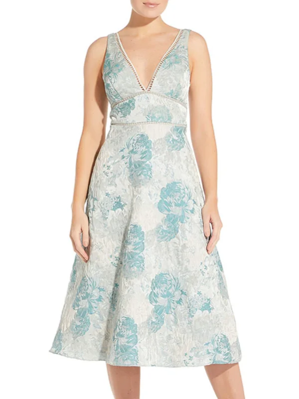 Deal of the Day AIDAN MATTOX Womens Aqua Zippered Textured Lined Floral Sleeveless V Neck Midi Cocktail Fit + Flare Dress Deal of the Day AIDAN MATTOX Womens Aqua Zippered Textured Lined Floral Sleeveless V Neck Midi Cocktail Fit + Flare Dress