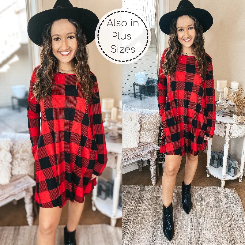 Special Promotion High Spirits Long Sleeve Buffalo Plaid Dress with Pockets in Red