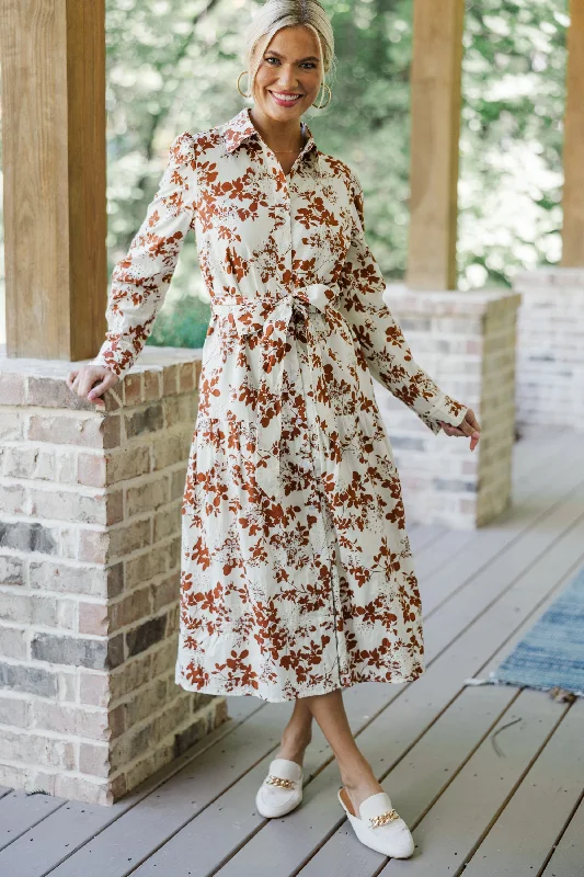 Early Access Fate: On Call Ivory/Brown Floral Midi Dress