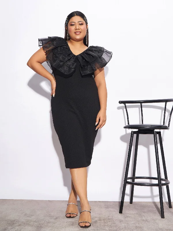 Online Only Women Black Organza Frill Detail Bodycon Dress