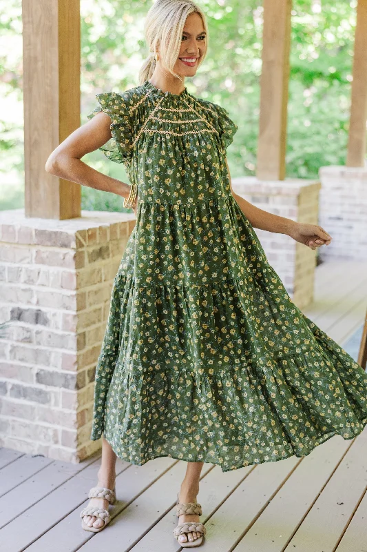 Big Discounts Better Than Ever Olive Green Ditsy Floral Midi Dress