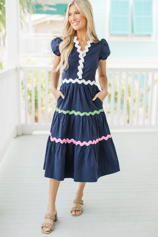Best Seller Life's A Party Navy Blue Rickrack Midi Dress