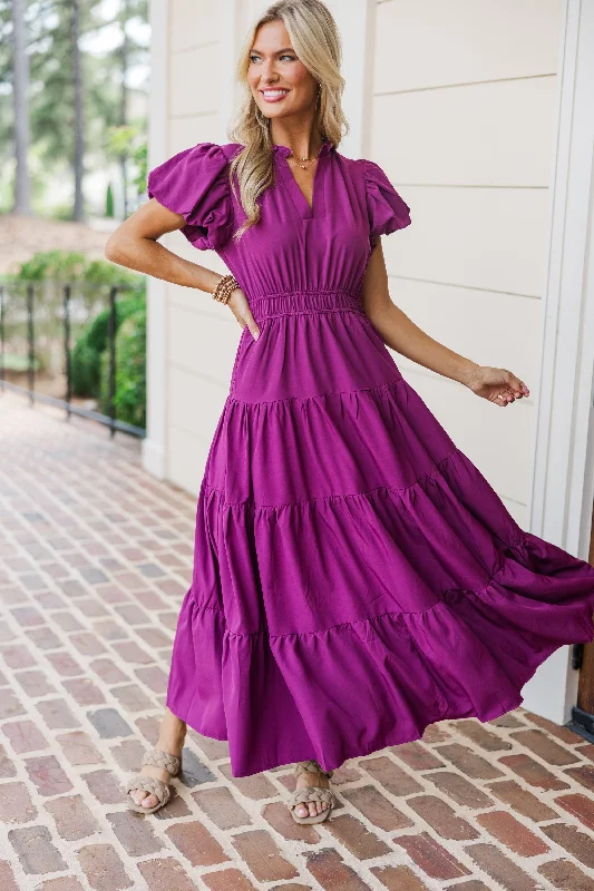 Time-Limited Offer Coming Back For You Plum Purple Tiered Midi Dress