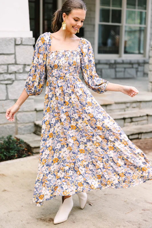 Price Reduction Feeling Connected Blue Floral Midi Dress