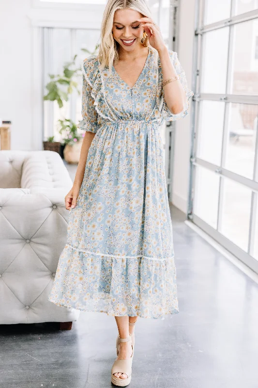 Year-End Sale Just My Type Chambray Blue Floral Midi Dress