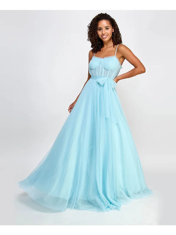 Buy Now CITY STUDIO Womens Light Blue Ruffled Lined Sheer Bustier-style Bodice Tie S Spaghetti Strap Sweetheart Neckline Full-Length Formal Fit + Flare Dress Buy Now CITY STUDIO Womens Light Blue Ruffled Lined Sheer Bustier-style Bodice Tie S Spaghetti Strap Sweetheart Neckline Full-Length Formal Fit + Flare Dress
