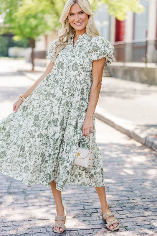 Limited Edition Perfect For You Olive Green Toile Button Down Midi Dress