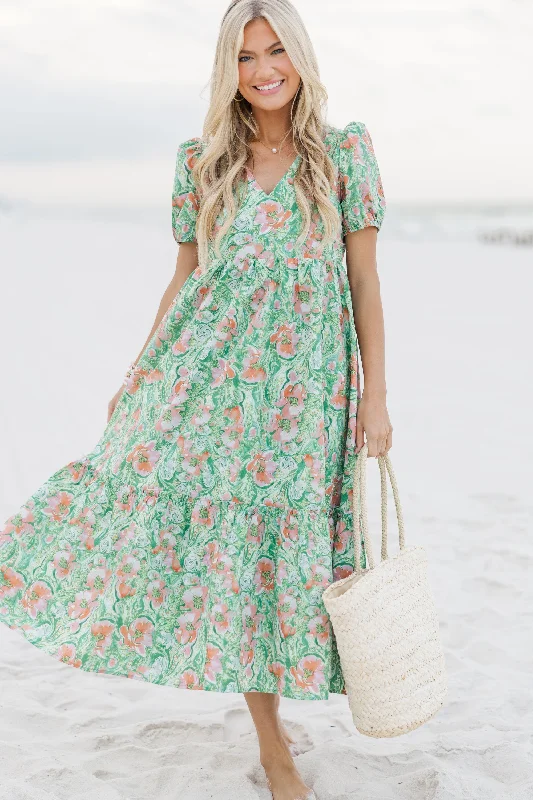 Blowout Sale See You Soon Green Ditsy Floral Midi Dress