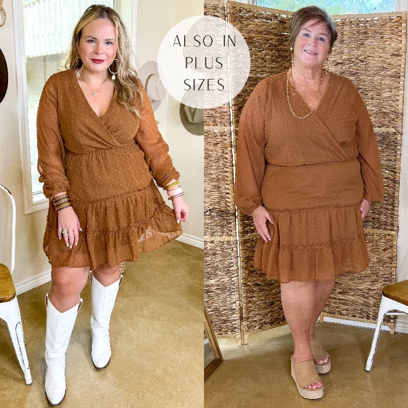 Holiday Sale Chasing Love Swiss Dot Tiered Dress with Long Sleeves in Camel Brown