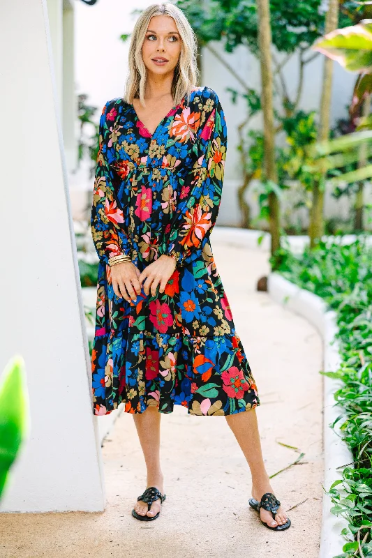 Steals and Deals It's All You Black Floral Midi Dress