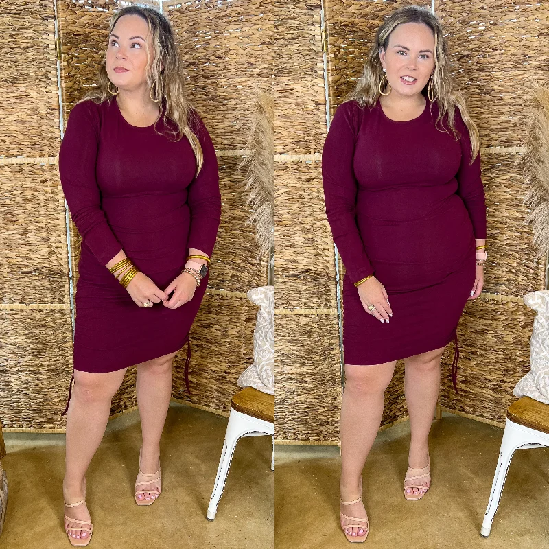 Overstock Felt A Chill Long Sleeve Fitted Dress with Ruched Drawstring Hips in Maroon