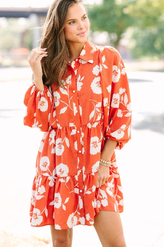 Members Only Just Be You Rust Orange Floral Babydoll Dress