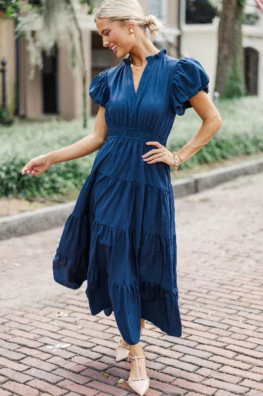 Extra Savings Coming Back For You Navy Blue Tiered Midi Dress