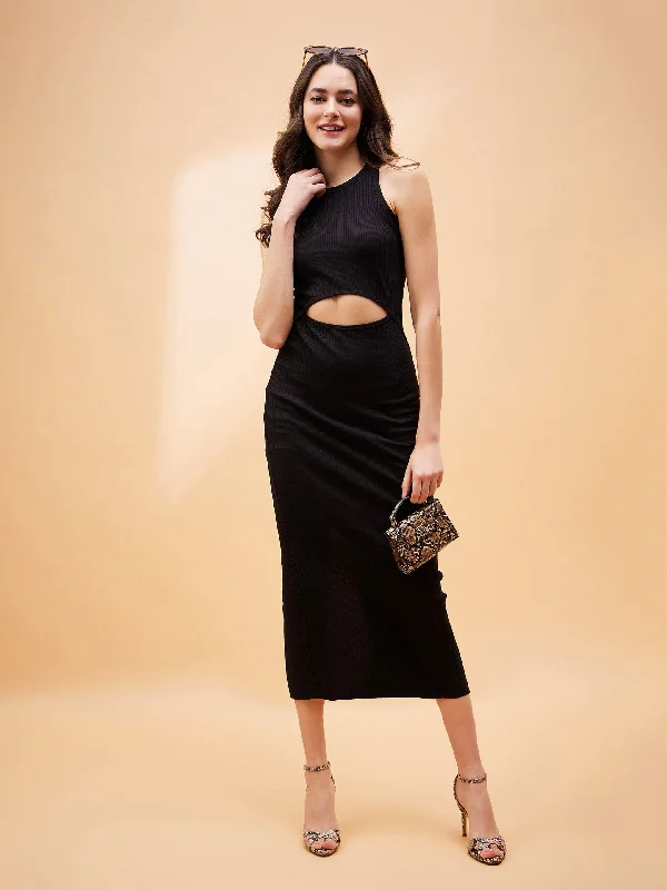 Markdowns Women Black Front Cut Out Rib Midi Dress