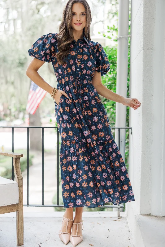 Lowest Price Pinch: Looking Your Way Navy Blue Floral Midi Dress