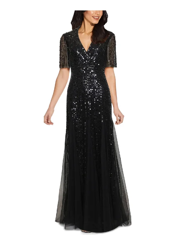 New Markdowns ADRIANNA PAPELL Womens Black Sequined Fitted Tuxedo Style Illusion Godets Short Sleeve V Neck Full-Length Formal Gown Dress New Markdowns ADRIANNA PAPELL Womens Black Sequined Fitted Tuxedo Style Illusion Godets Short Sleeve V Neck Full-Length Formal Gown Dress