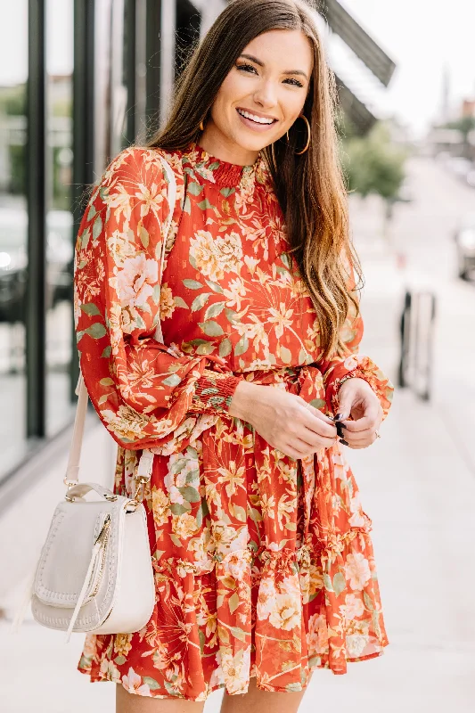 Anniversary Sale Now Or Never Rust Orange Floral Mini Dress