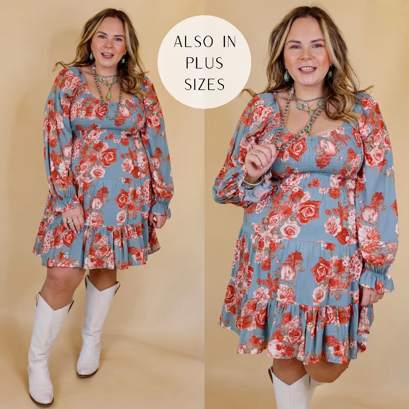 Year-End Clearance Day Cafe Smocked Bodice Floral Long Sleeve Dress in Dusty Blue