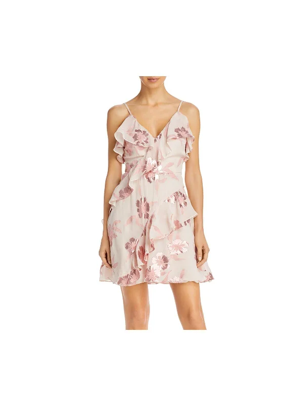 New Arrival REBECCA TAYLOR Womens Pink Zippered Metallic Ruffled Sheer Lined Floral Spaghetti Strap V Neck Short Party Fit + Flare Dress New Arrival REBECCA TAYLOR Womens Pink Zippered Metallic Ruffled Sheer Lined Floral Spaghetti Strap V Neck Short Party Fit + Flare Dress