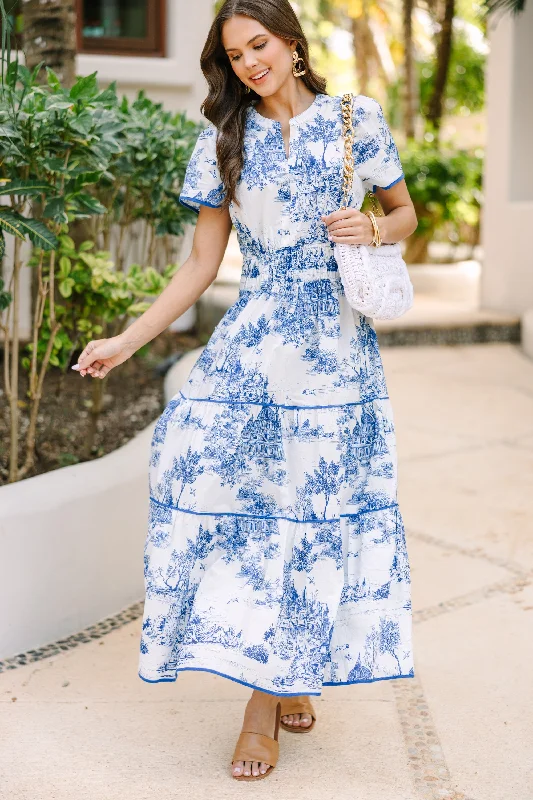 Markdown Madness Share Your Happiness Blue Toile Maxi Dress