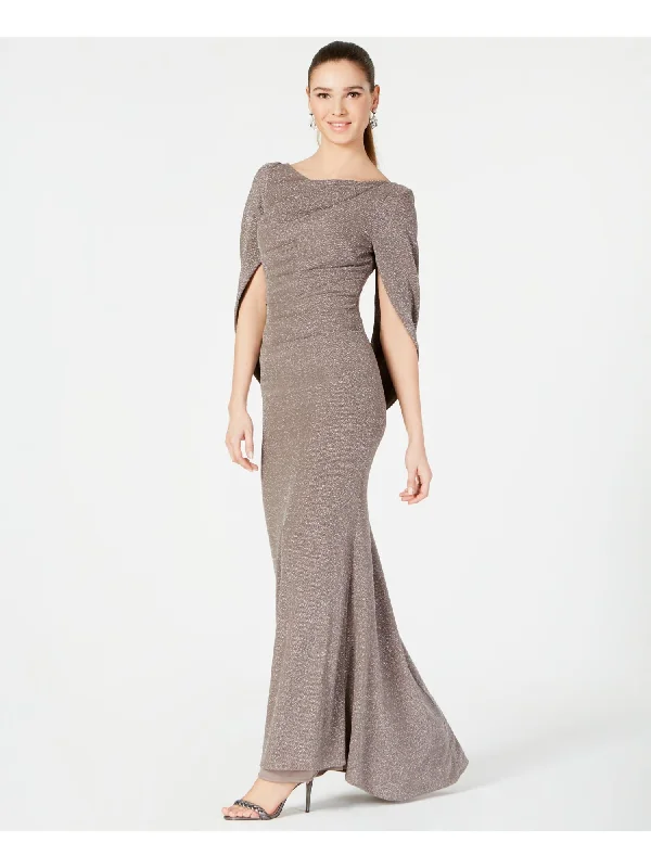 Sale Event BETSY & ADAM Womens Brown Knit Metallic Zippered Back Drape Train Ruched Textured Elbow Sleeve Asymmetrical Neckline Full-Length Evening Gown Dress Sale Event BETSY & ADAM Womens Brown Knit Metallic Zippered Back Drape Train Ruched Textured Elbow Sleeve Asymmetrical Neckline Full-Length Evening Gown Dress