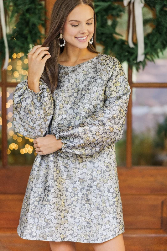 Limited Stock All In A Look Gray Floral Brocade Dress