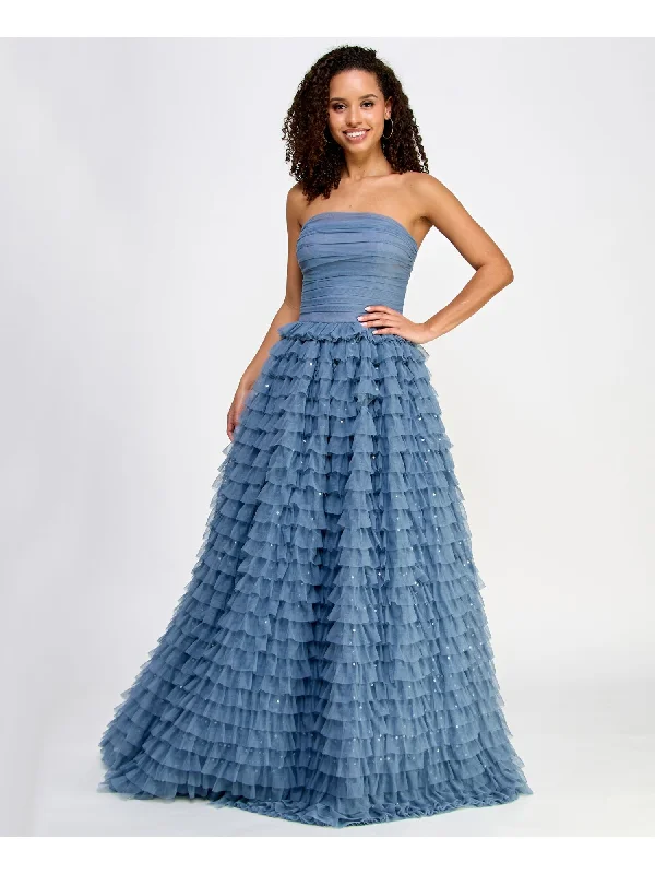 Extra Savings SAY YES TO THE PROM Womens Gray Sequined Zippered Lined Ruched Bodice Tiered Ruffl Sleeveless Strapless Full-Length Formal Gown Dress Extra Savings SAY YES TO THE PROM Womens Gray Sequined Zippered Lined Ruched Bodice Tiered Ruffl Sleeveless Strapless Full-Length Formal Gown Dress
