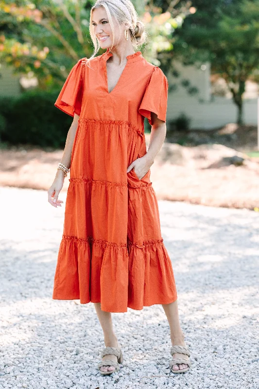 Online Only Sugarlips: Make A Statement Rust Orange Tiered Midi Dress