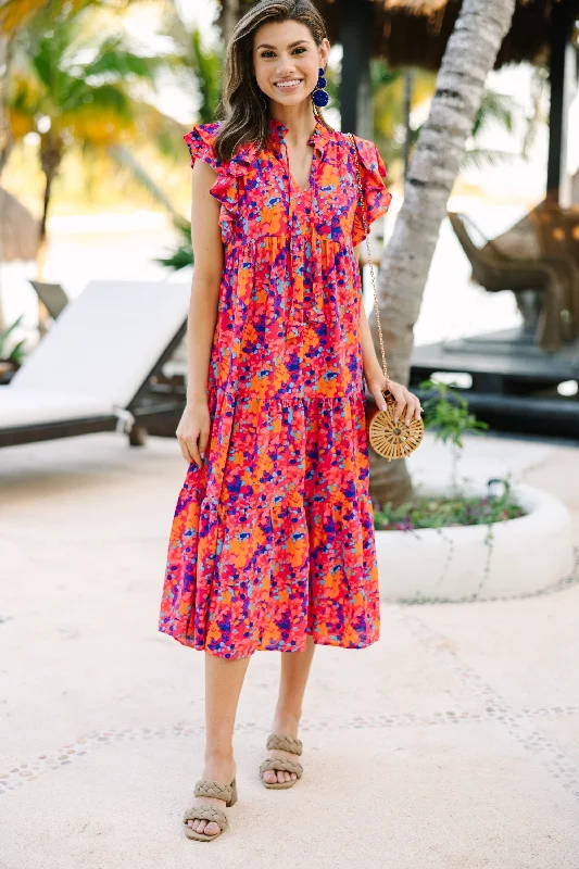 Exclusive Deal It's All Clear Fuchsia Pink Floral Midi Dess