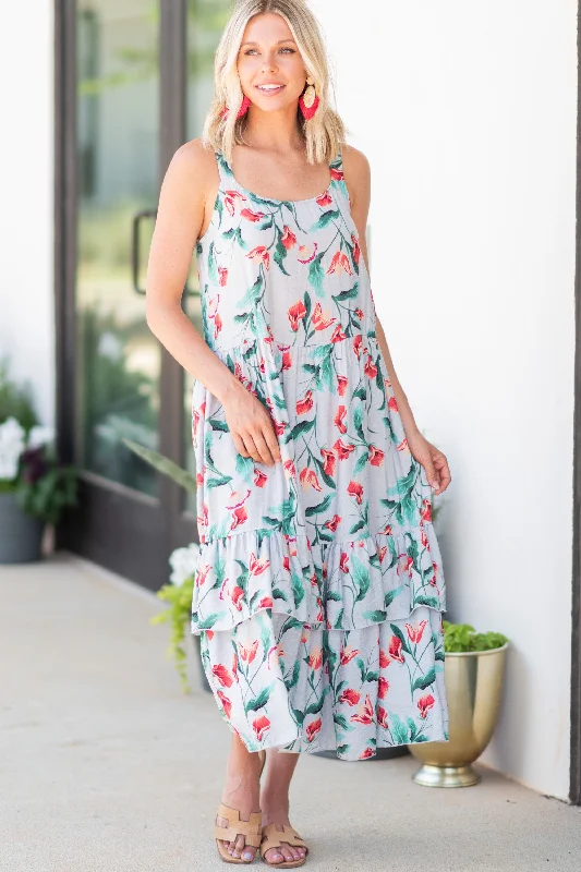 Bargain Bin Thinking Of You Gray Ditsy Floral Midi Dress