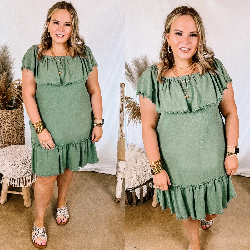 Deep Discounts Finding Yourself  Frayed Hem Off the Shoulder Dress in Light Olive Green