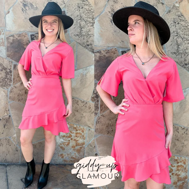 Massive Deals Swept Away Deep V Dress with Ruffle Hem in Fuchsia