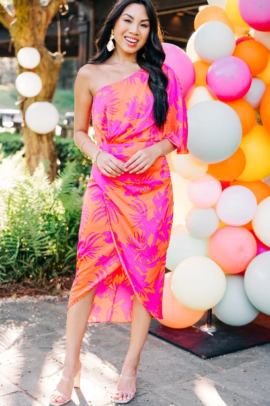 Special Promotion Make Your Move Papaya Orange Floral Midi Dress