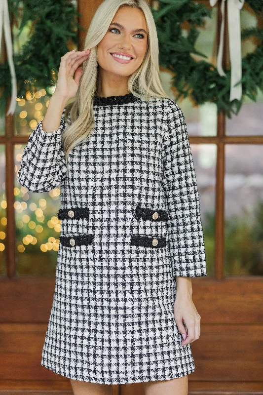 Take Advantage Ask You Out Black Houndstooth Tweed 3/4 Sleeve Dress