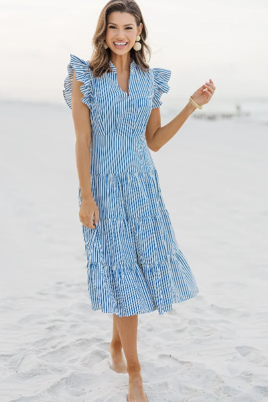 Great Deals First In Line Blue Striped Midi Dress