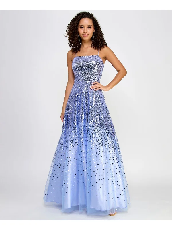 Buy Now SAY YES TO THE PROM Womens Blue Mesh Sequined Zippered Adjustable Lined Ombre Spaghetti Strap Square Neck Full-Length Prom Gown Dress