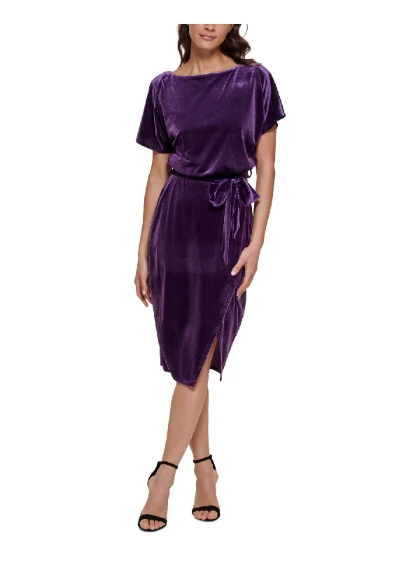 Discount Days KENSIE DRESSES Womens Purple Belted Wrap-front Skirt Short Sleeve Boat Neck Knee Length Party Sheath Dress